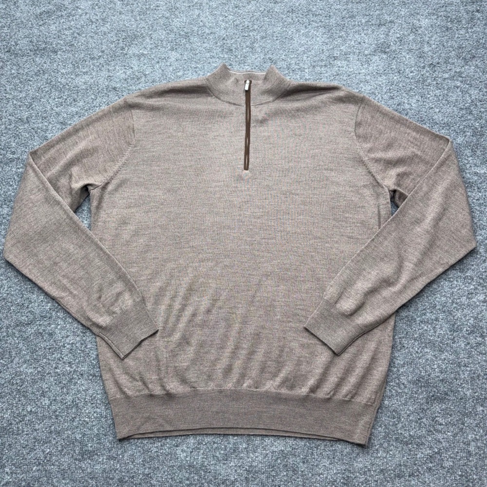 Peter Millar Mens Large Merino Wool Lyocell Quarter Zip Sweater Heather Brown